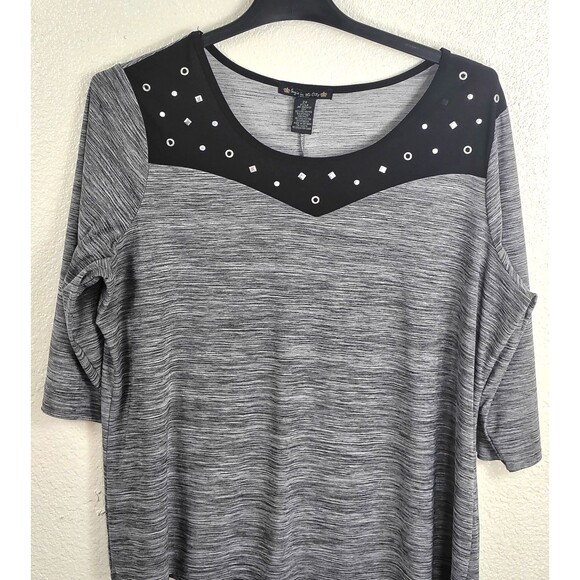 Suzie In The City Tops - Suzie in the City Womens 2X Top Gray Space Dye Studded Embellished 3/4 Sleeve